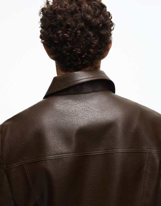 Bershka boxy jakke i læderlook i brun, 4 af 5
