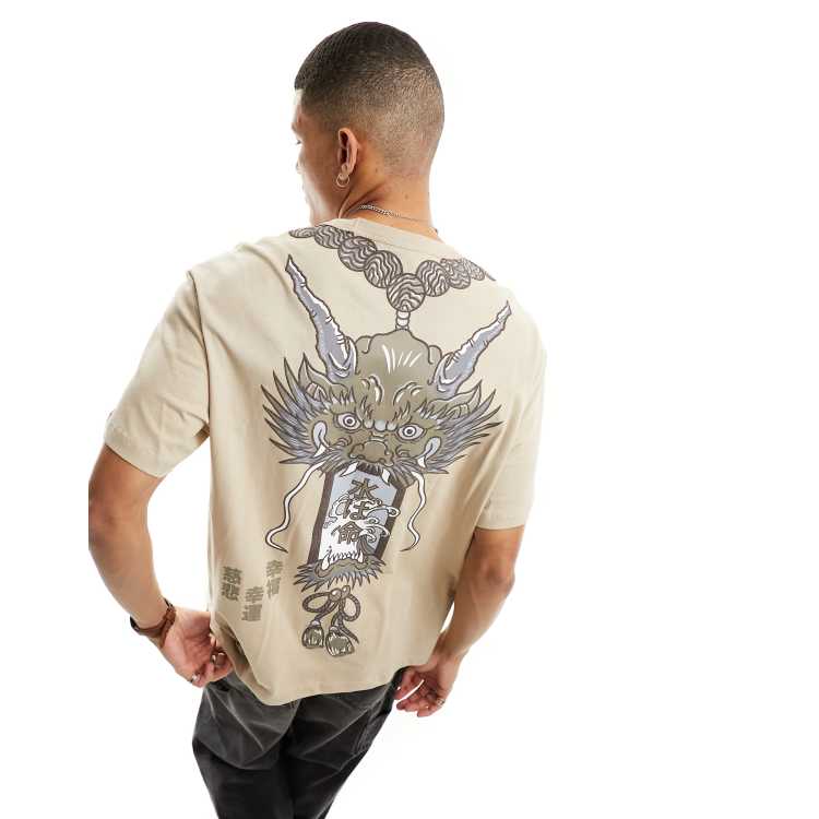 Bershka boxy japanese dragon back printed T-shirt in beige | ASOS