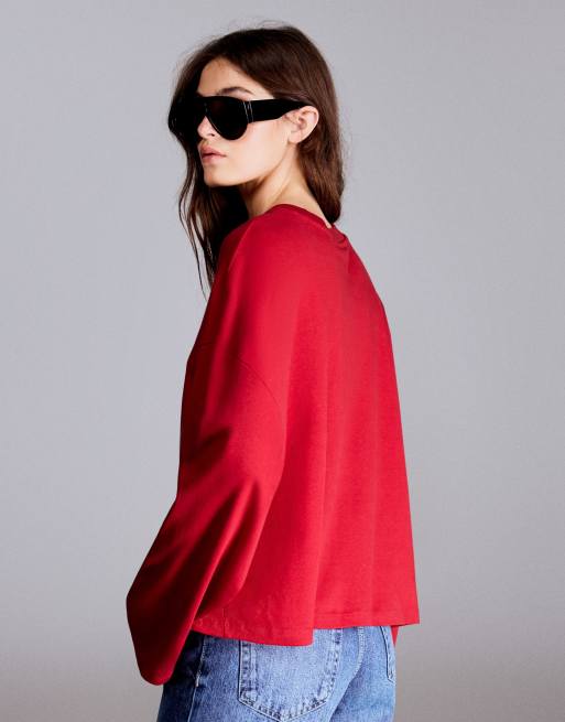 Bershka boxy long sleeve t-shirt in red, 3 of 6