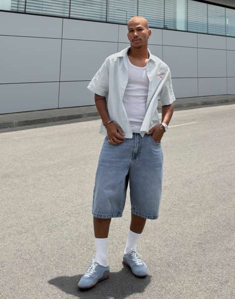 Bershka boxy overhemd met korte mouwen en borduursel in lichtblauw - view 1
