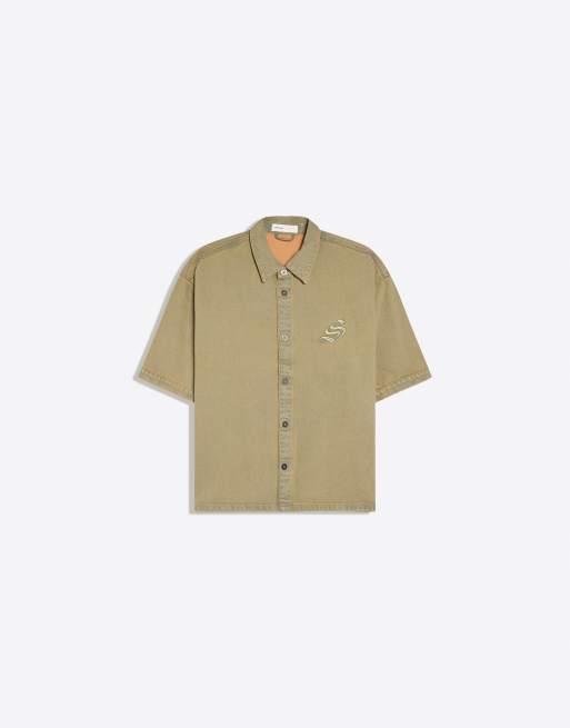 Bershka boxy overhemd met korte mouwen en textuur in kaki, 5 van 5