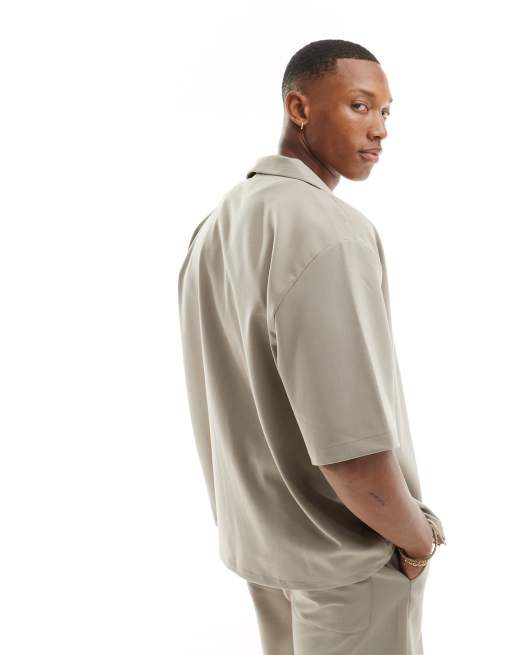 Bershka boxy short sleeve blazer in beige (part of a set) , 3 of 5