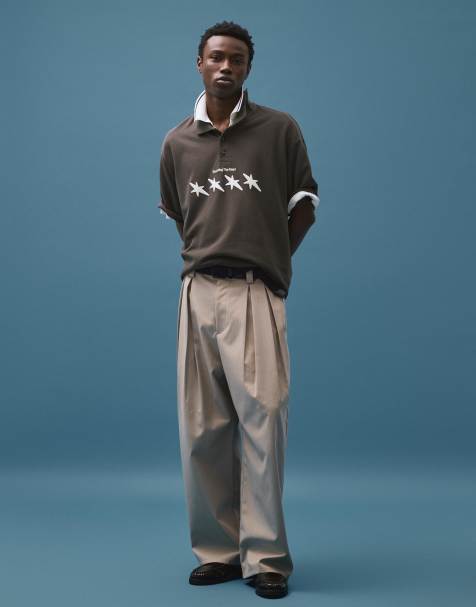 Bershka Boxy short sleeve print polo shirt in grey - view 1