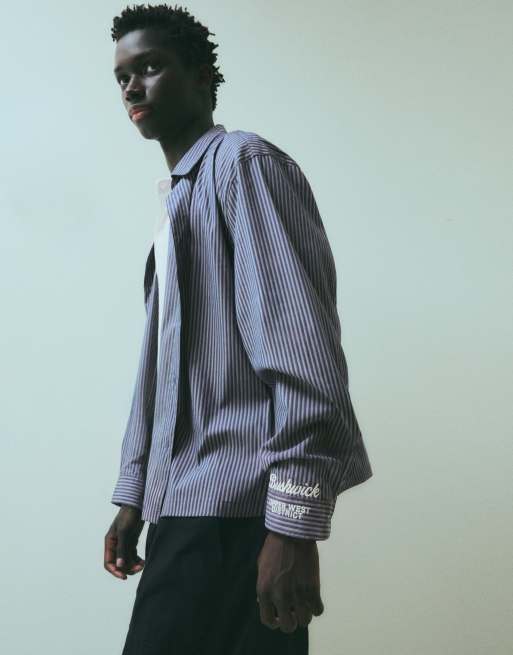 Bershka Boxy stripe long sleeve shirt in blue, 2 of 6
