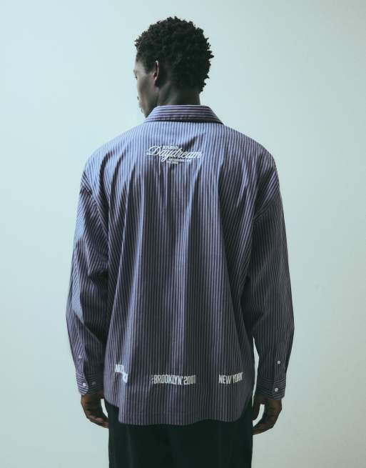 Bershka Boxy stripe long sleeve shirt in blue, 3 of 6