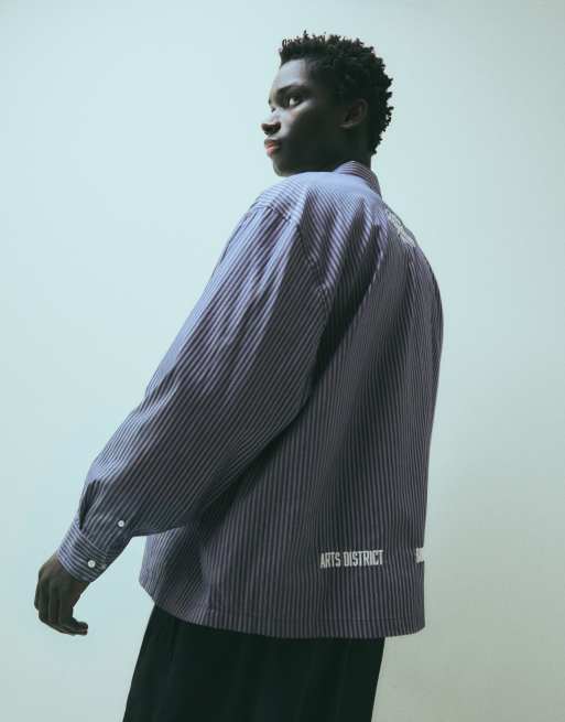 Bershka Boxy stripe long sleeve shirt in blue, 4 of 6