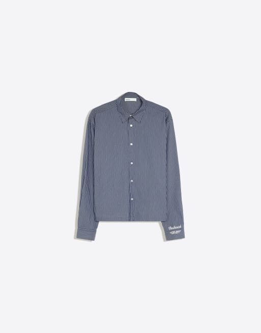 Bershka Boxy stripe long sleeve shirt in blue, 5 of 6