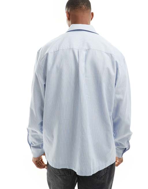 Bershka boxy striped long sleeve shirt in blue | ASOS
