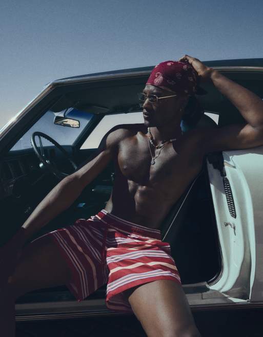 Bershka Boxy striped swim shorts in black, 3 of 4