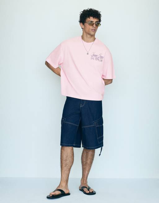 Bershka boxy T-shirt med korte ærmer og print i pink, 3 af 4