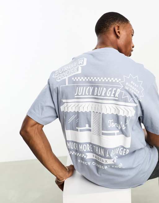 Bershka - Boxy T-shirt met voedselprint op de achterkant in blauw