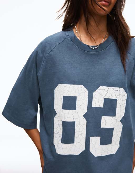 Bershka Boxy T-Shirt mit Print in Blau, 7 von 7