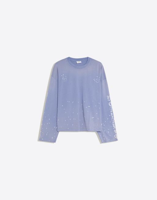 Bershka Boxy T-Shirt mit Print und langen Ärmeln in Blau, 5 von 6