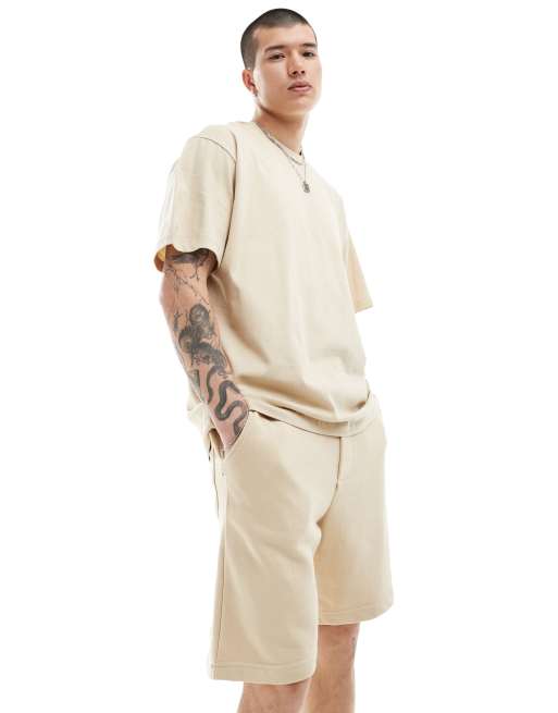Bershka boxy t-shirt & short set in beige | ASOS