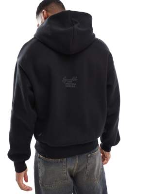 boxy tonal back print hoodie in black