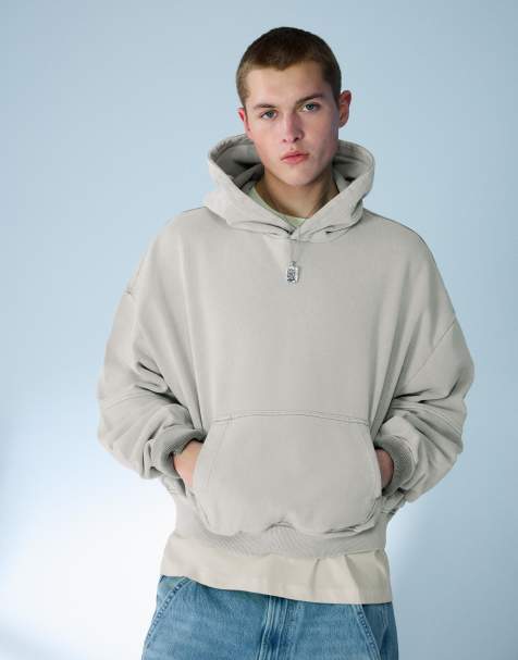 Bershka Boxy washed hood sweatshirt in light grey