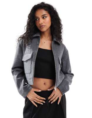 Bershka boxy wool look jacket in dark grey