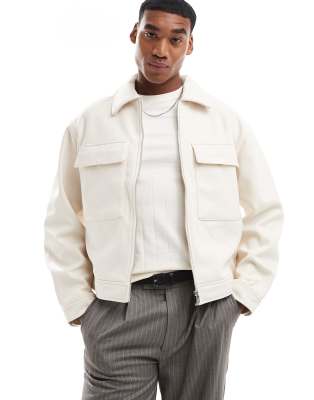 boxy zip through jacket in ecru-Neutral