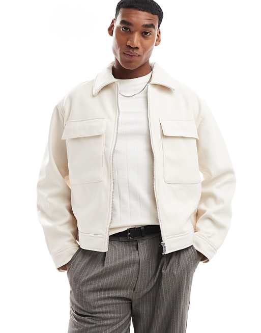 Bershka boxy zip through jacket in ecru | ASOS Bershka boxy zip through jacket in ecru | ASOS