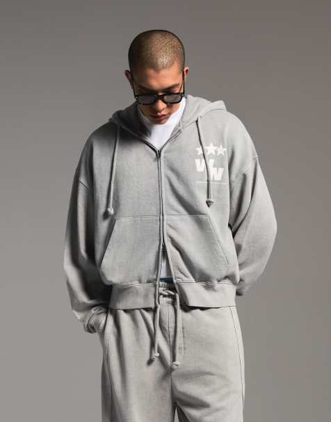 Bershka Boxy zip-up print sweatshirt in beige - view 1