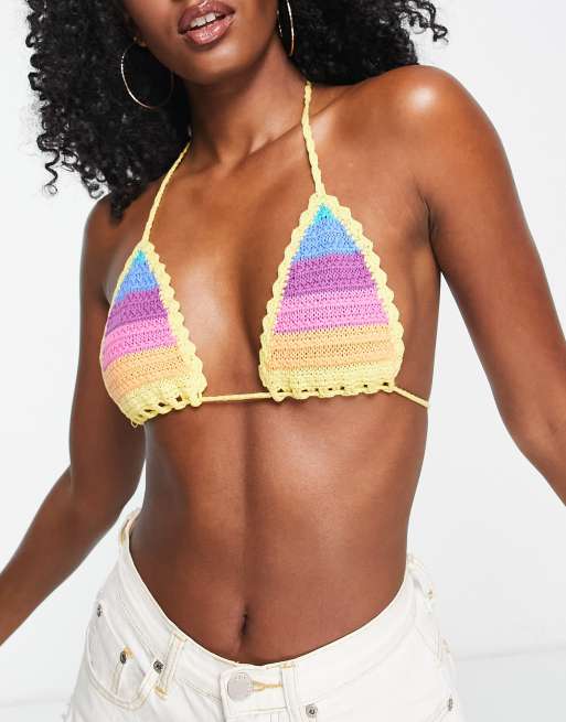 Bershka - Brassière bikini all'uncinetto a righe multicolore in coordinato