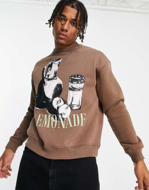 Bershka – Brązowa bluza z okrągłym dekoltem i wzorem