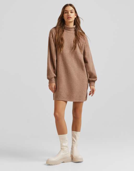 Bershka – Brązowa dzianinowa sukienka z golfem , 4 z 4