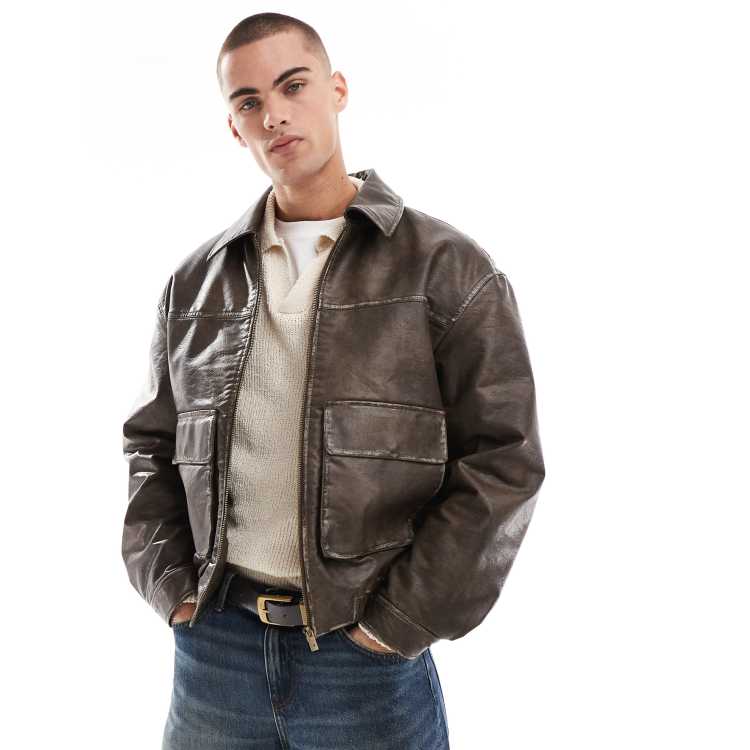 BERSHKA ブラウンレザージャケット S Bershka – Brązowa kurtka z imitacji skóry z efektem sprania w