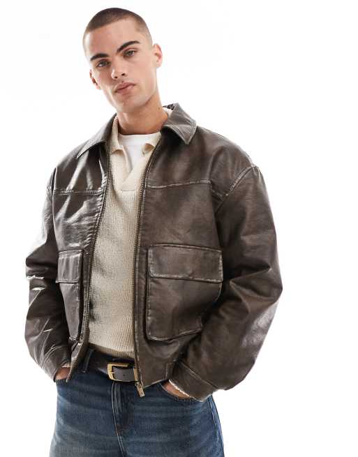 Bershka – Brązowa kurtka z imitacji skóry z efektem sprania w stylu vintage