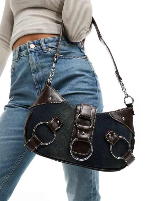 Bershka – Brązowo-niebieska torba na ramię z denimu i imitacji skóry z klamrami
