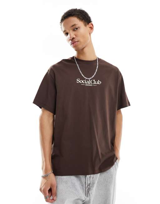 Bershka – Brązowy T-shirt z nadrukiem Social Club, 4 z 4