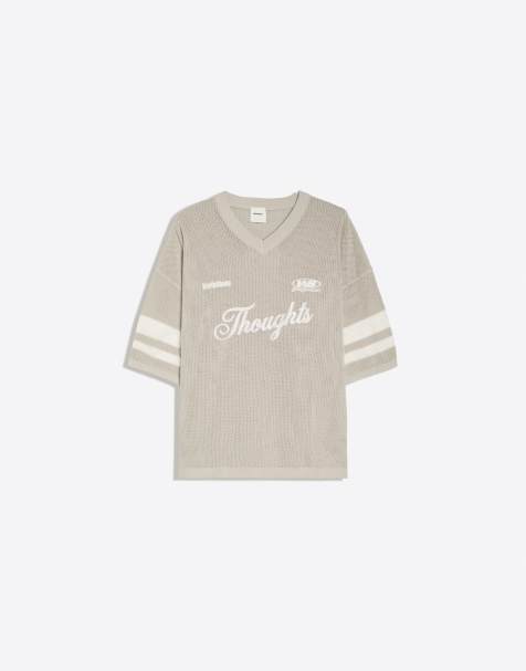 Bershka broderad mesh-t-shirt med v-ringning i grått - view 1