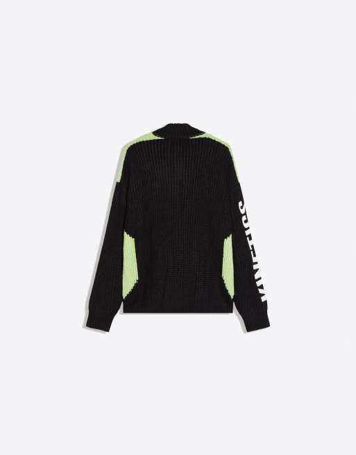 Bershka broderad stickad jacka med dragkedja i svart, 6 av 6