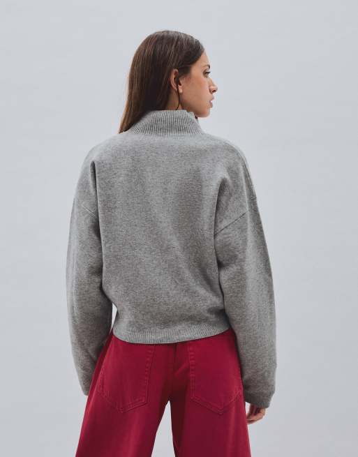 Bershka broderad tröja med dragkedja i grått, 3 av 5