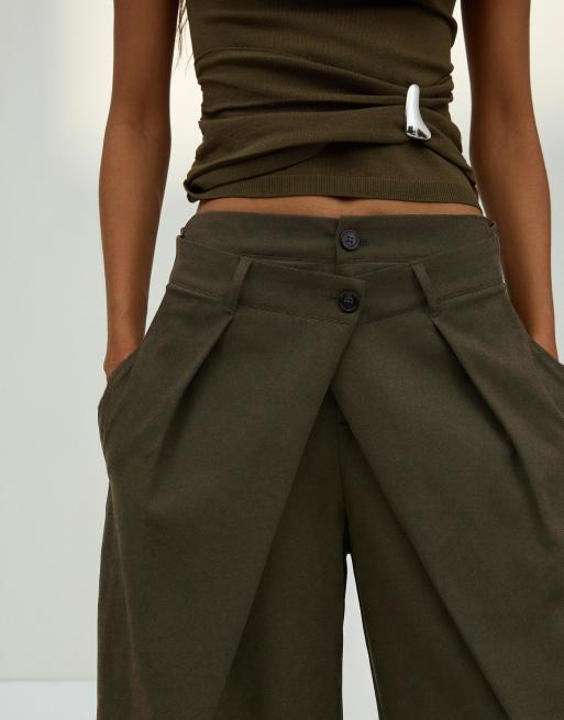 Bershka - Broek met barrelpijpen en plooien in kaki, 4 van 6