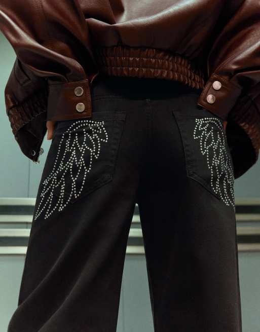 Bershka Broek met rechte pijpen, lage taille en strass-steentjes