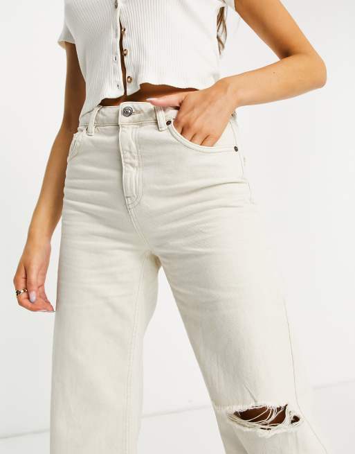 Bershka - Broek met wijde pijpen en scheur op de knie in beige, 3 van 4