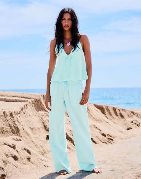 Bershka - Broek van linnenmix met een elastische tailleband in blauw - view 1