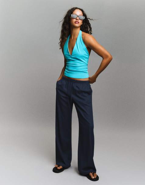 Bershka - Broek van linnenmix met een elastische tailleband in denim blauw - view 1