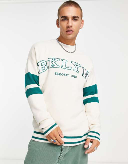 Bershka brooklyn knitted crew neck jumper in ecru | ASOS