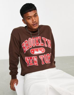 Bershka brooklyn print sweatshirt in brown - ASOS Price Checker