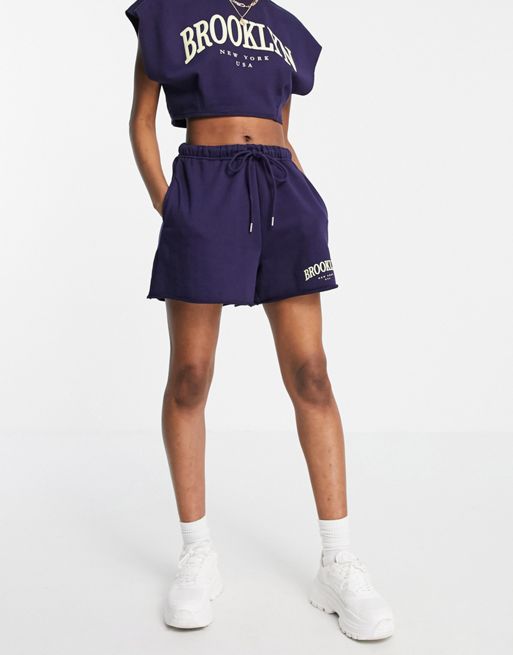 Bershka Brooklyn sweat shorts co-ord in navy blue