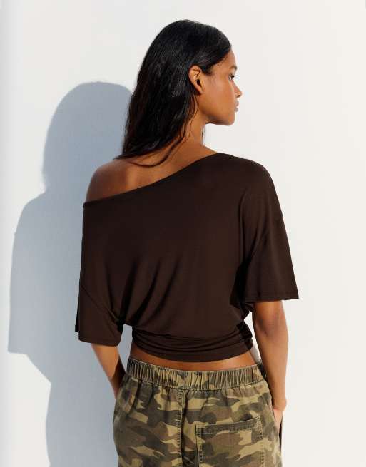 Bershka – Brun, asymmetrisk blus med korta ärmar, 3 av 6