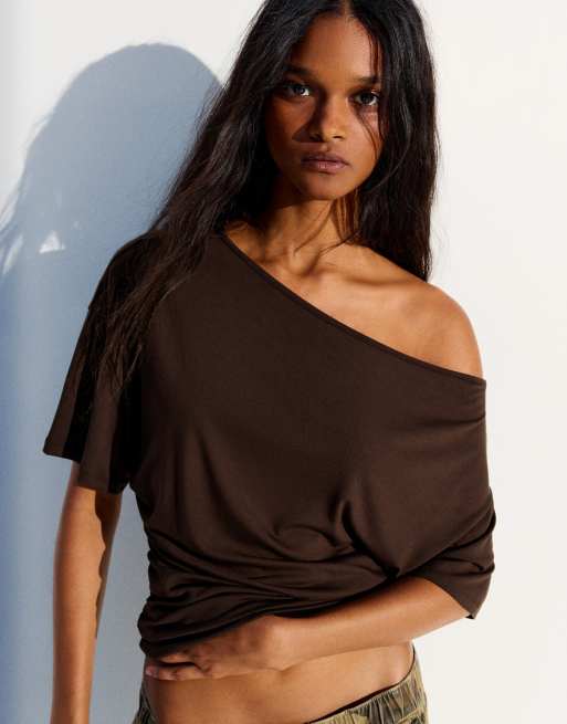 Bershka – Brun, asymmetrisk blus med korta ärmar, 4 av 6