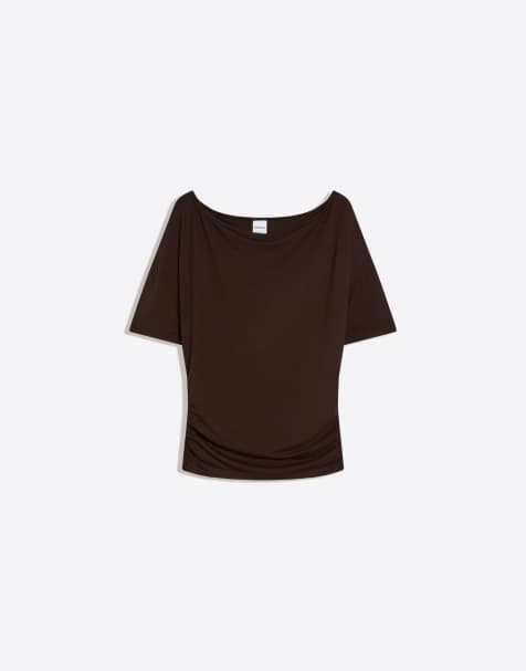 Bershka - Brun asymmetrisk kortærmet bluse med print - view 1