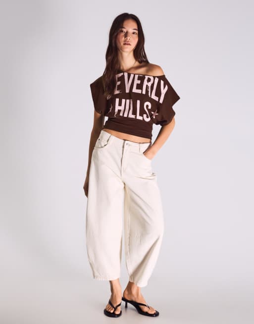 Bershka – Brun, asymmetrisk t-shirt med korta ärmar och mönster, 4 av 4