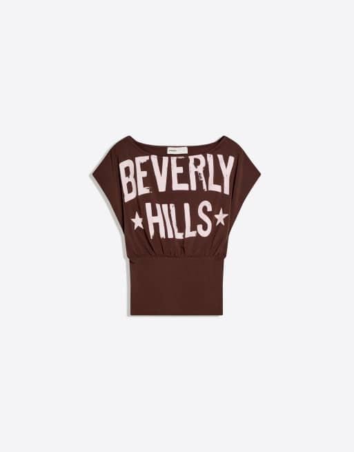 Bershka - Brun asymmetrisk T-shirt med korte ærmer og print, 3 af 4