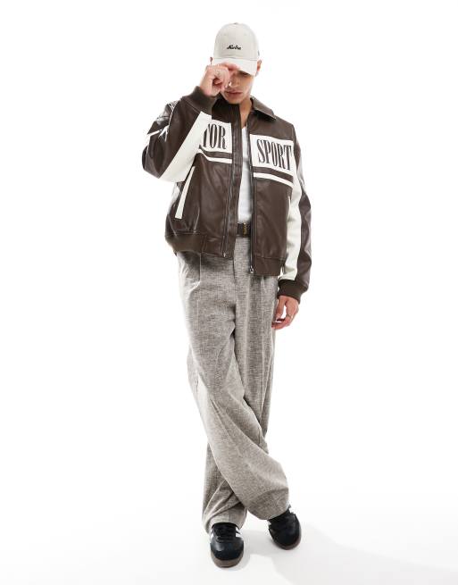 Bershka - Brun bomber-jakke med college-design i vintage-stil, 3 af 4
