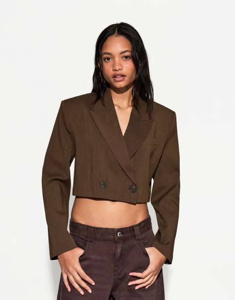 Bershka - Brun dobbeltradet blazer med firkantet pasform - view 1