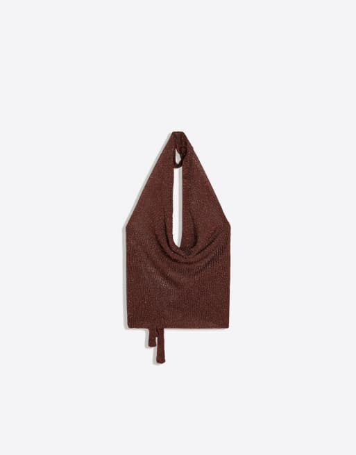 Bershka - Brun draperet top med halterneck og metallisk tråd, 5 af 5